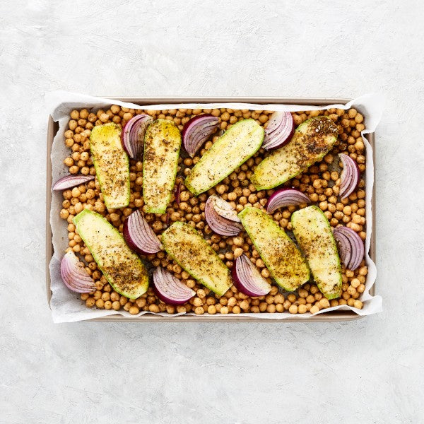 Lamb Bangers with Roasted Zucchini, Beetroot, Chickpeas and Tzatziki