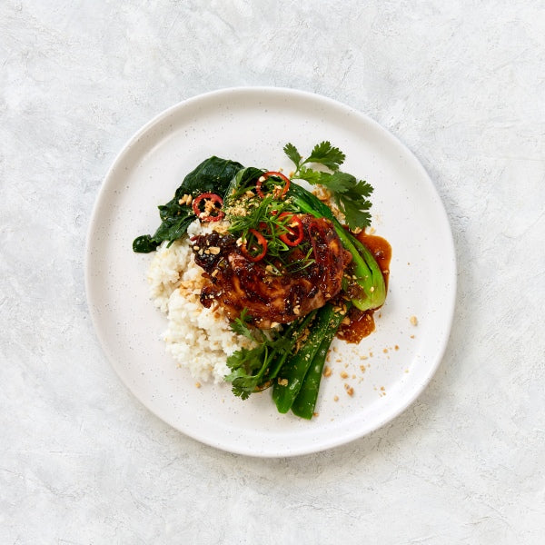 Sticky Lemon Ginger Chicken with Rice and Asian Greens