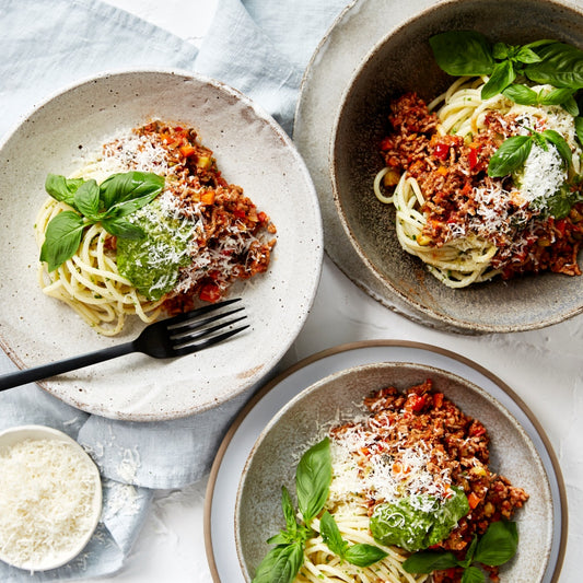 Spaghetti Bolognese with Vegies and Basil Pesto