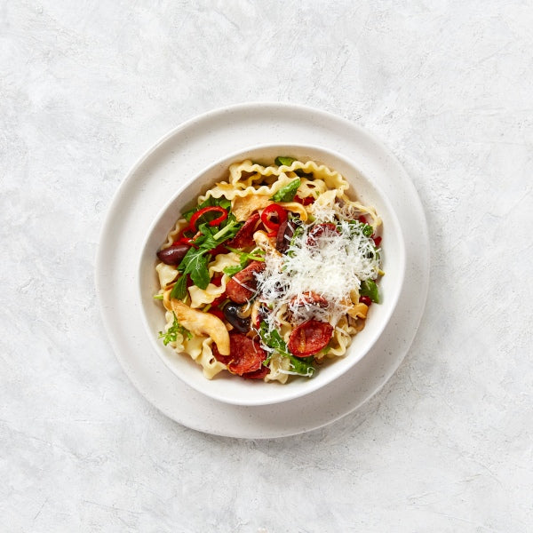 Ricciarelle Pasta with Chorizo, Mushrooms and Olives