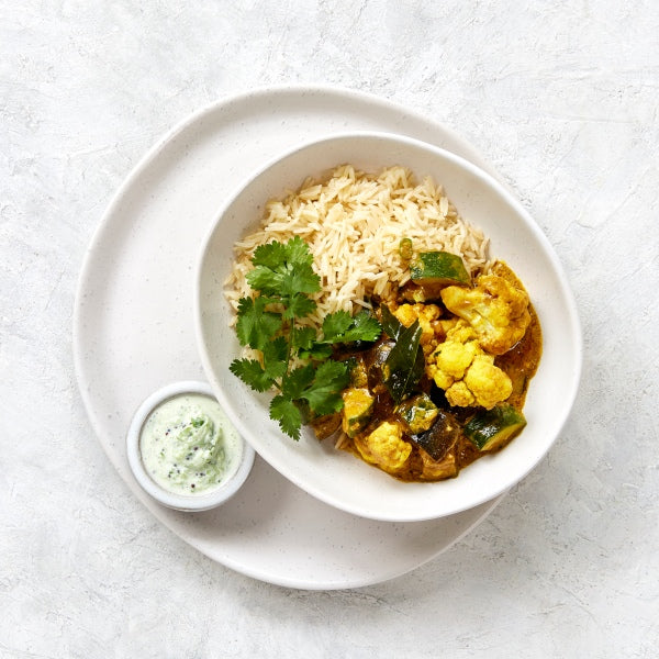 Southern Indian Veg Curry with Raita and Brown Basmati