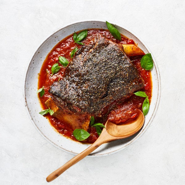 Easter Braised Lamb Shoulder with Tomato Capsicum Sauce and Kipfler Potatoes