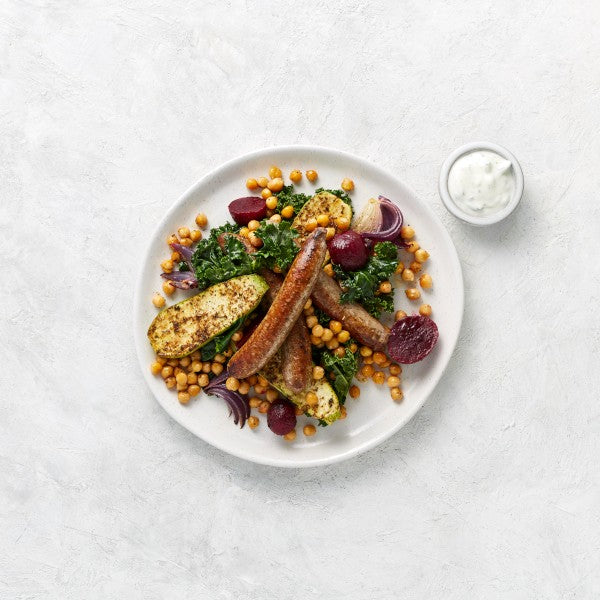 Lamb Bangers with Roasted Zucchini, Beetroot, Chickpeas and Tzatziki