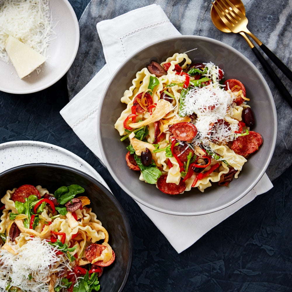 Ricciarelle Pasta with Chorizo, Mushrooms and Olives