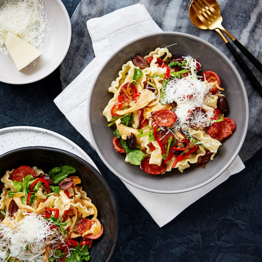 Ricciarelle Pasta with Chorizo, Mushrooms and Olives