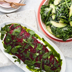 Easter Beetroot Coated Salmon with Herb Dressing and Kale Avocado Salad