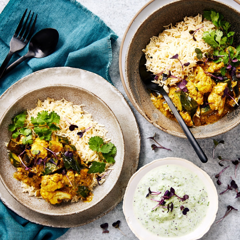 Southern Indian Veg Curry with Raita and Brown Basmati