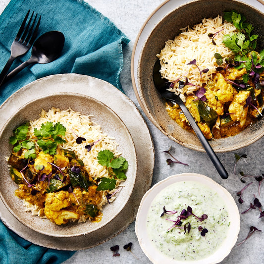 Southern Indian Veg Curry with Raita and Brown Basmati