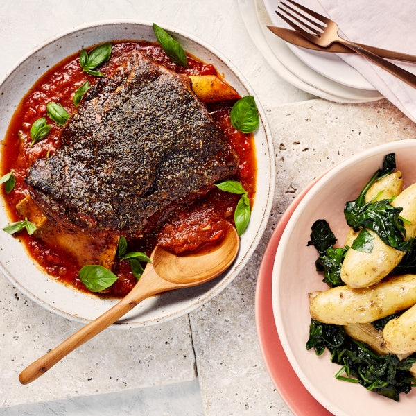 Easter Braised Lamb Shoulder with Tomato Capsicum Sauce and Kipfler Potatoes