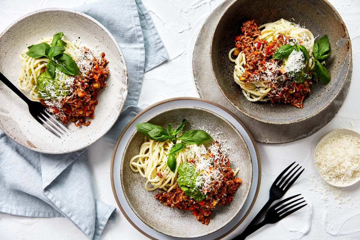 Spaghetti Bolognese with Vegies and Basil Pesto