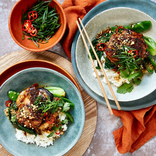 Sticky Lemon Ginger Chicken with Rice and Asian Greens