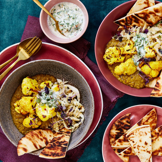 Dahl with Roasted Cauliflower, Saute'ed Cabbage and Spicy Raita