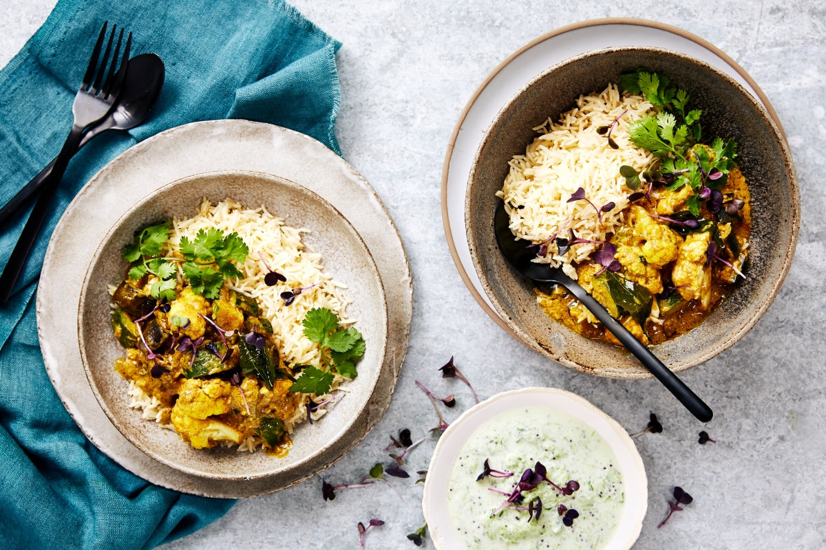Southern Indian Veg Curry with Raita and Brown Basmati