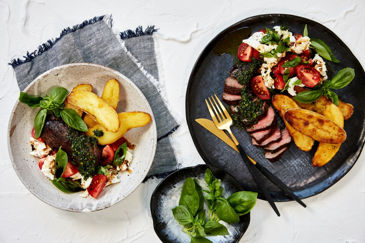 Pillow Steak with Caprese Salad, Kipfler Potatoes and Salmoriglio