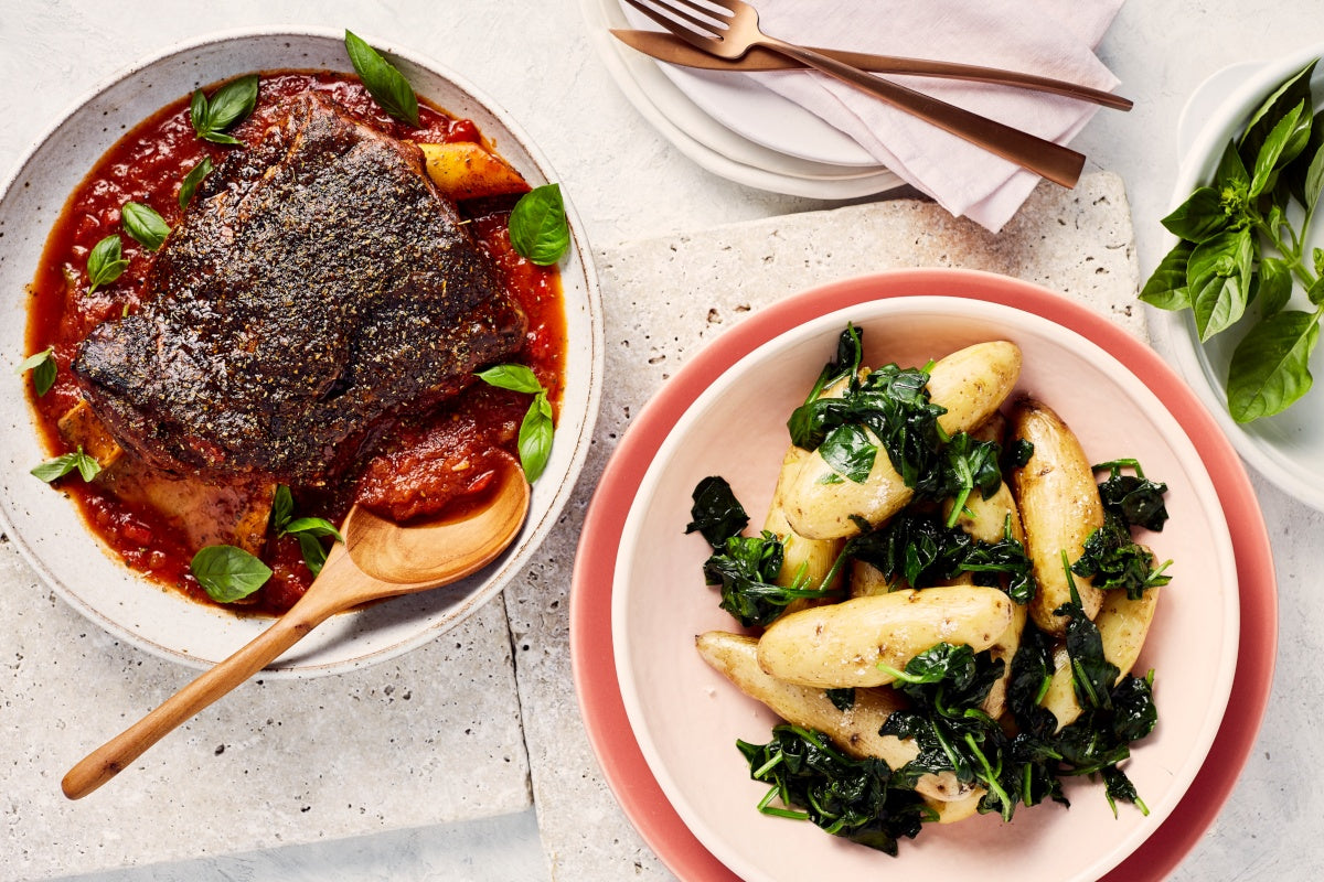 Easter Braised Lamb Shoulder with Tomato Capsicum Sauce and Kipfler Potatoes