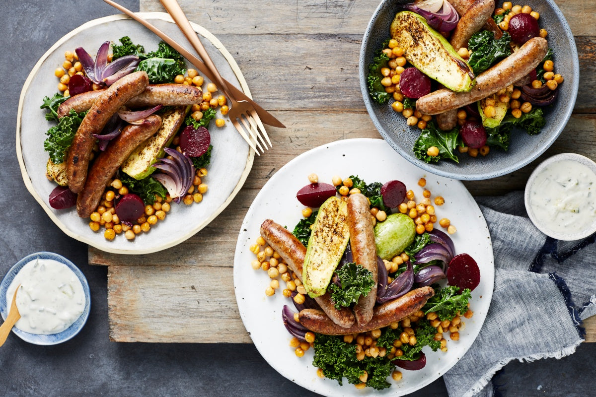 Lamb Bangers with Roasted Zucchini, Beetroot, Chickpeas and Tzatziki