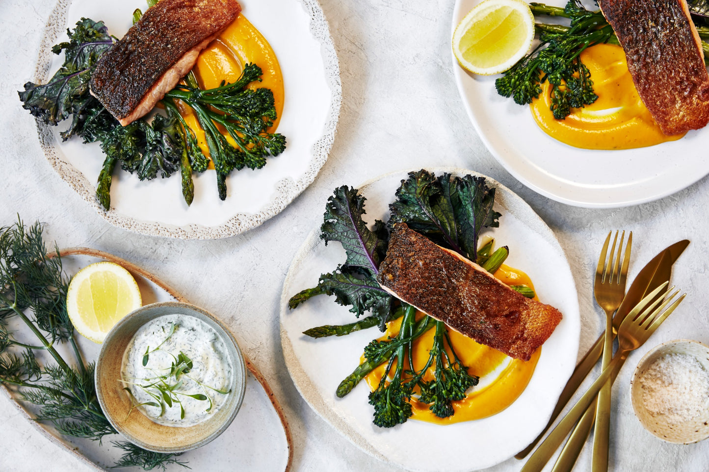 Crispy Skin Salmon - with Pumpkin Puree & Roasted Greens