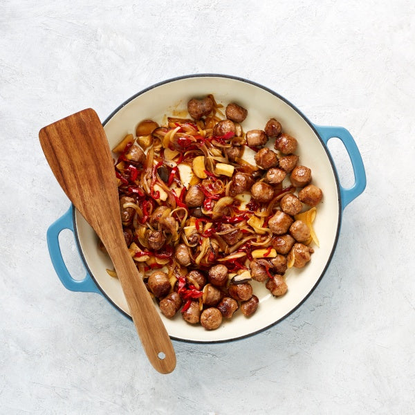 Sausage Meatballs with Warm Lentils, Mushrooms and Mint Creme Fraiche