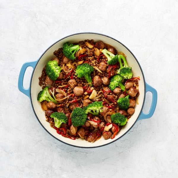 Sausage Meatballs with Warm Lentils, Mushrooms and Mint Creme Fraiche
