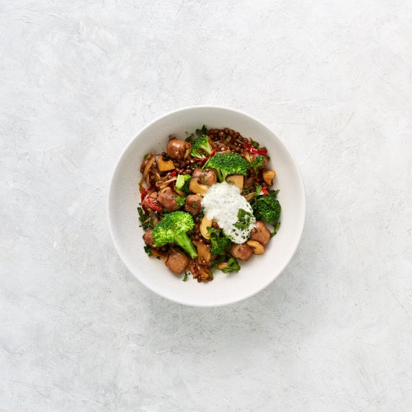 Sausage Meatballs with Warm Lentils, Mushrooms and Mint Creme Fraiche