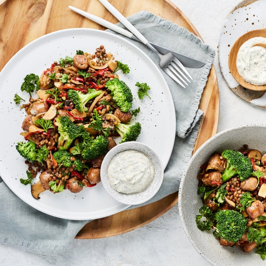 Sausage Meatballs with Warm Lentils, Mushrooms and Mint Creme Fraiche