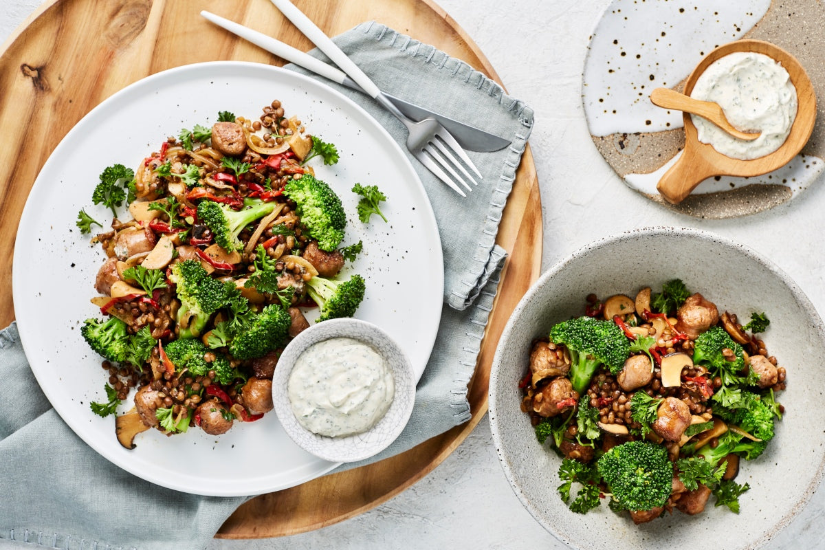 Sausage Meatballs with Warm Lentils, Mushrooms and Mint Creme Fraiche