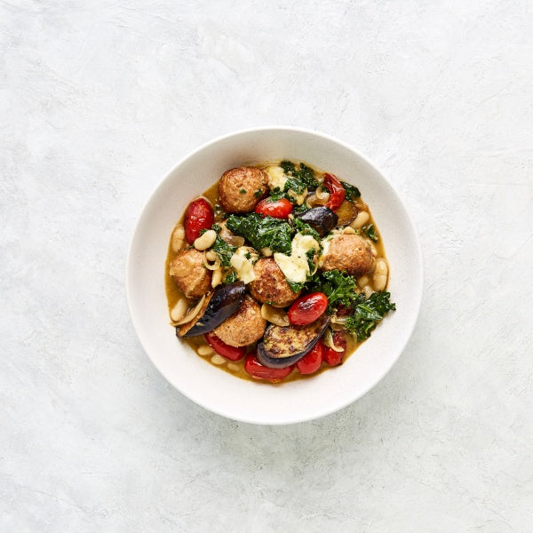 Italian Meatballs with Bocconcini, Cannellini Beans and Tuscan Cabbage
