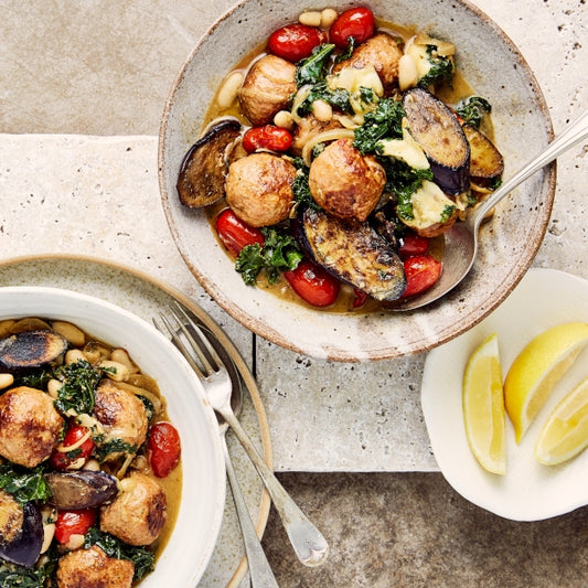 Italian Meatballs with Bocconcini, Cannellini Beans and Tuscan Cabbage