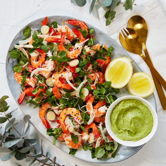 Fresh Tiger Prawns with Radish, Palm Heart Salad and Avocado Horseradish Dip