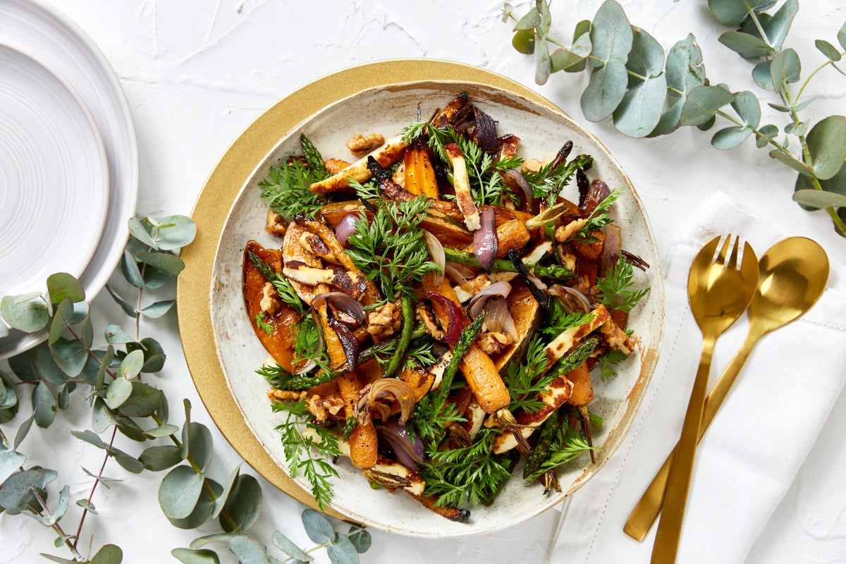 Christmas Salad with Roasted Veg, Halloumi, Walnuts and Lemon Mustard Dressing