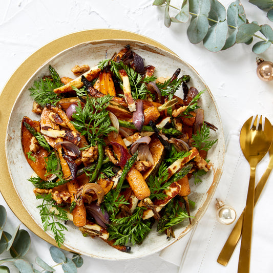 Christmas Salad with Roasted Veg, Halloumi, Walnuts and Lemon Mustard Dressing