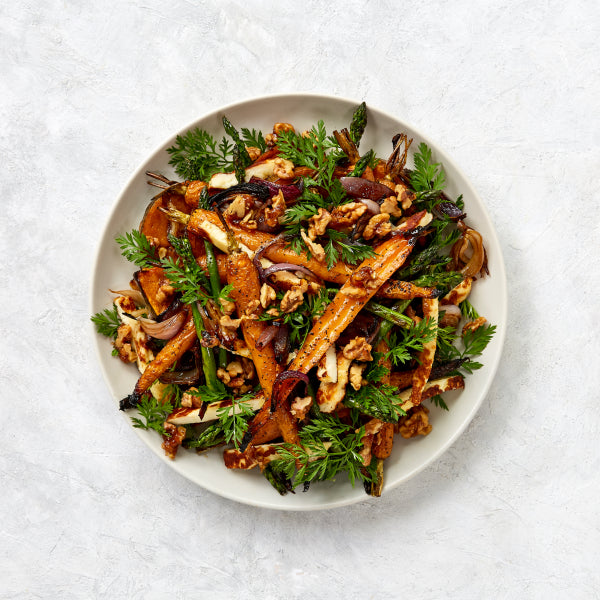 Christmas Salad with Roasted Veg, Halloumi, Walnuts and Lemon Mustard Dressing