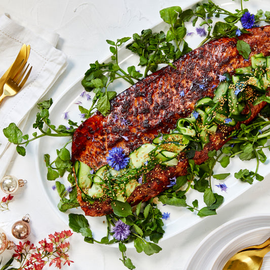 Honey and Tamari Baked Salmon with Pickled Cucumber