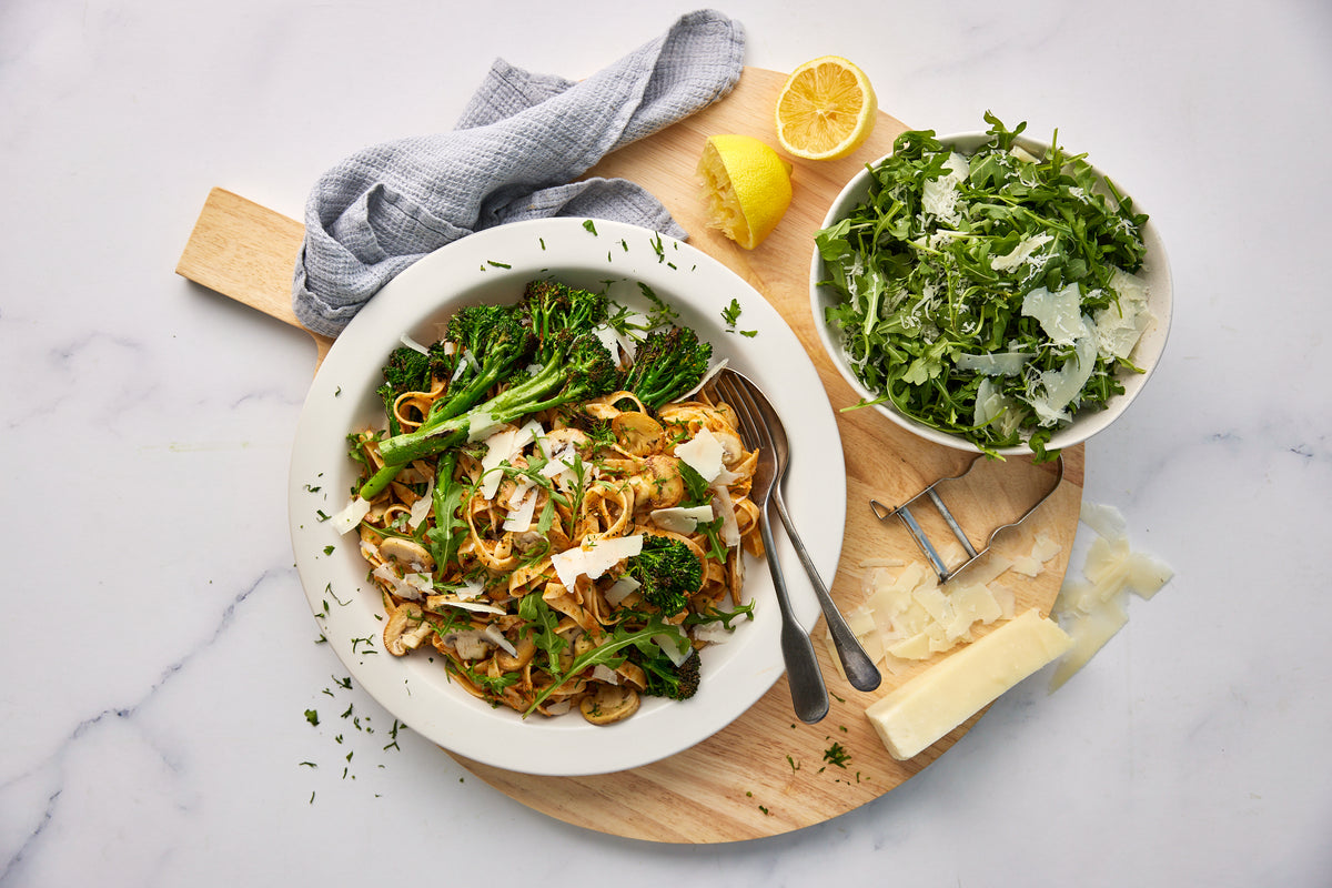 Sundried Tomato Pesto Tagliatelle - with Pan Fried Mushrooms and Broccolini