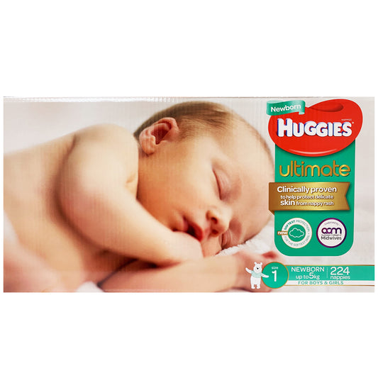 Huggies - Boys & Girls Nappies - Size 1 - Ultimate (Newborn up to 5kg, 224 nappies)