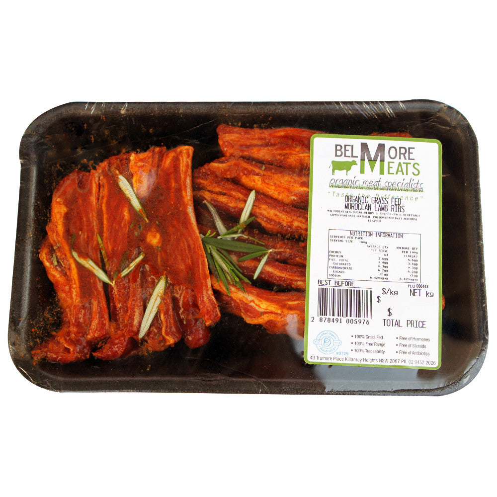 Lamb Moroccan Ribs Organic Grass Fed Belmore Meats 450 - 550g , Frdg5-Meat - HFM, Harris Farm Markets
