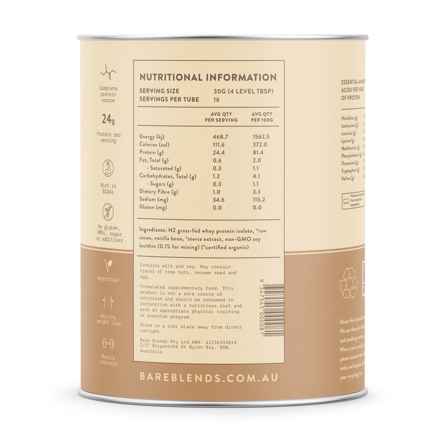 Bare Blends Organic Dark Cacao Natural WPI | Harris Farm Online