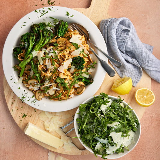 Sundried Tomato Pesto Tagliatelle - with Pan Fried Mushrooms and Broccolini